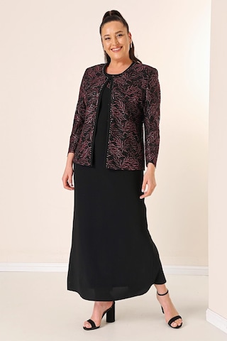 Yakası Boncuk Nakışlı Uzun Elbise Boncuk Pul Nakışlı Ceket Astarlı Büyük Beden 2'li Takım-35341-bordo Bordo