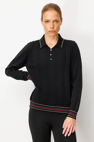 Desen Triko Polo Yaka Simli Çizgili Kadın Yün Bluz 25080d Siyah