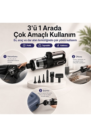 El Tipi Süpürge 20.000 Pa 120w, 3 Ü 1 Arada Vakum Üfleme Şişirme Özellikli, 2 Kademeli Şarjlı Araç Ve Ev 20000 Pa