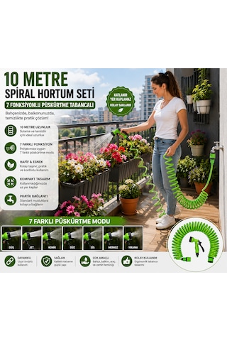 10 Metre Spiral Bahçe Hortumu Seti 7 Fonksiyonlu Püskürtme Tabancalı Sulama Ve Temizlik Seti Yeşil