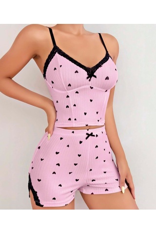Jhena Siyah Şerit Detaylı Kadın Gecelik Takım, Rahat Ev Giyim Pijama Takım, Siyah - Fuşya