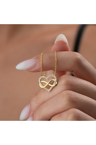 925 Ayar Gümüş Taşlı Sonsuzluk Ve Kalp Kolye Gold