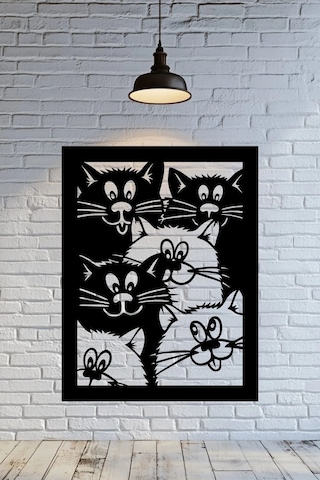 Siyah Kalabalık Kediler - 3mm Mdf Ahşap Dekoratif Duvar Tablosu