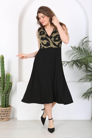 Kadın Siyah Haki Tiger Desen Bloklu Biye Detay Kruvaze Elbise-haki Haki