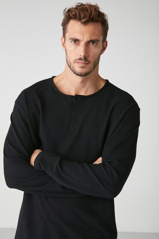 Lorenzo  Erkek Özel Rustik Dokulu %100 Organik Pamuk Düğme Detaylı Regular Siyah Sweatshirt