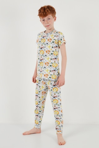 Lela Desenli % 100 Pamuk Bisiklet Yaka Erkek Çocuk Pijama Takımı 6651003 Ekru-Sarı
