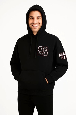 Üç İplik Kapüşonlu Ön Ve Arka Baskılı Sweatshirt Hoodie - Siyah Siyah