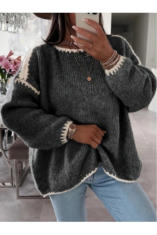 Bhrwear Kadın Uzun Kollu Kayık Yaka Triko Bluz Renkli