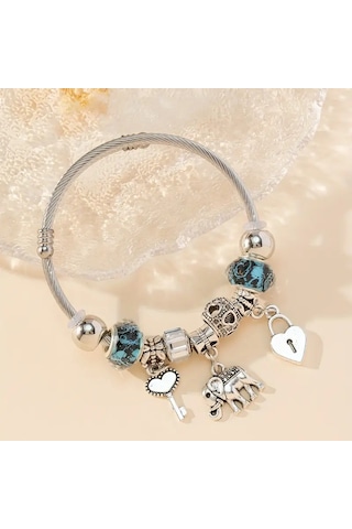 Worldshop Mavi Fil Kalp Anahtar Charm Bileklik