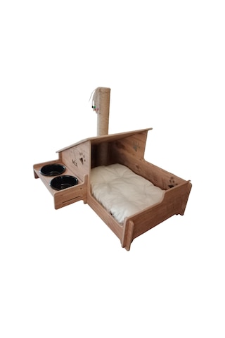 Realwood Ahşap Seramik Kaseli Tırmalama Çubuklu Açık Kapalı Kedi Evi