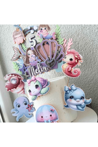 Deniz Kızı Temalı Kız Çocuk Doğum Günü İsme Özel 3d Pasta Süsü Seti Cake Topper Çocuk