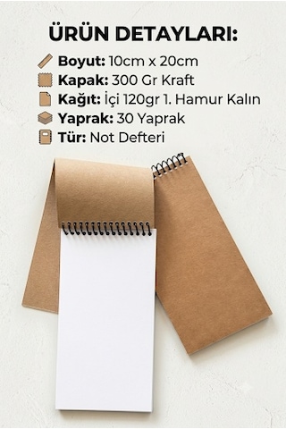 Premium Kraft Kapaklı Not Defteri 10x20 Cm, 120 Gr Kalın Yaprak, 30 Yaprak