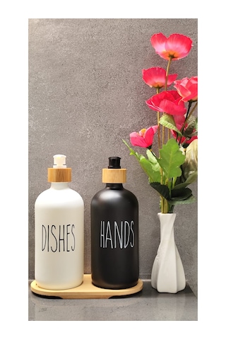 2 Li Siyah-beyaz Mutfak Sıvı Sabunluk Seti 500ml Bambu Tepsili