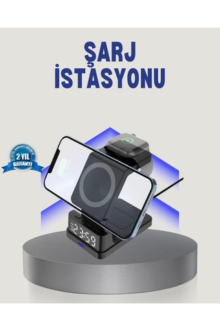 Mey İthalat Kablosuz Şarj Cihazı Ve Dijital Saat 4 Ü 1 Arada Hızlı Şarj, Led Işıklı Tasarım