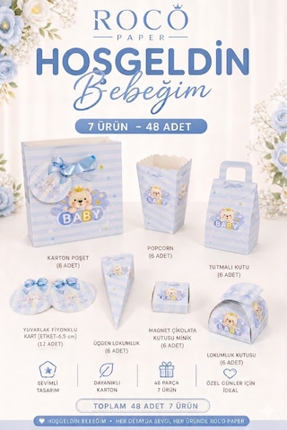 Mavi Ayıcıklı Hoşgeldin Bebeğim Hediyelik Seti, Baby Shower Ve Doğum Günü İkram Seti,7 Ürün-48 Parça 0 - 20 Ay
