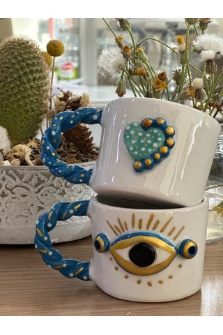 Burgu Kulp Gold Detay Göz 2 Noktalı Kalpli Mug Kupa Fincan