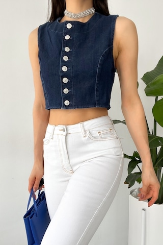 Femelle Kadın Denim Düğmeli Crop Kot Kolsuz Bluz Mavi