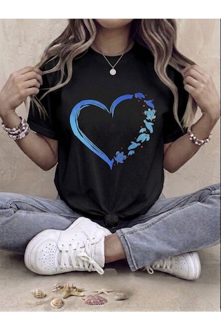 Mavi Kalp Baskılı Kompak T-shirt Siyah
