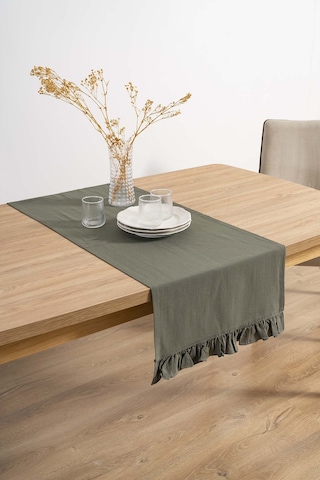 Rivaistanbul Ruffle Haki Fırfırlı %100 Pamuklu Ham Keten Runner 50x130 Cm Haki