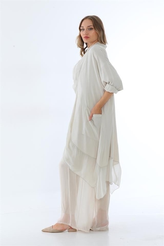 Bohem Stil Italyan Ipek Detaylı Oversize Kap Bluz- Wes Pantolon Takım-8789 Bej