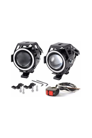 U7 Motosiklet Sis Farı Mercekli Büyük Kafesli Beyaz Angel Işıklı Led 2 Adet Led + 1 Anahtar