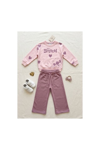 Uğur Bebe Kız Çocuk Eşofman Takımı Stitch Desenli %100 Pamuk Pembe Pudra Renk Geniş Paça 2 Li Spor Takım Şık Kombin Pembe Pudra Pembe Pudra