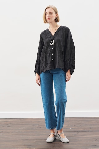 Keten Crush Düğmeli Bluz Siyah Siyah