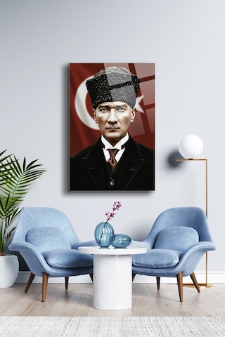 Atatürk Cam Tablo - Portre - Cam Tablo - Duvar Dekoru - Atatürk Portresi - Kaliteli Baskı Ata021 Atatürk Temalı Dekoratif Duvar Tablosu, Salon, Ofis Ve Çalışma Alanı Dekoru,