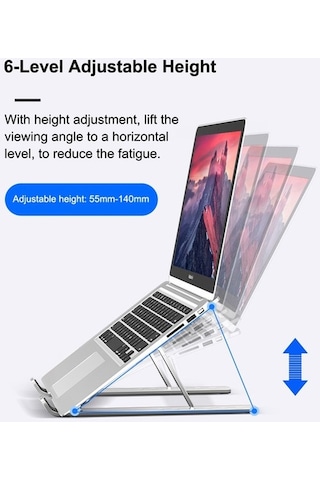 Pazly Bilgisayar Standı - 6 Ayarlanabilir Yükseklikli Dizüstü Bilgisayar Tutucu - Ergonomik Alüminyum Stand