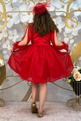 Kırmızı Tül Etekli Simli Çocuk Elbise 001