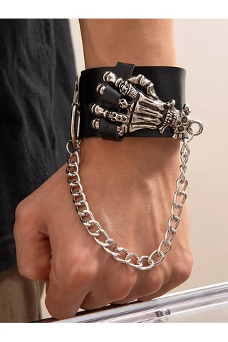 Tevdı Zincirli Kafatası Punk Metal Eko Deri Bileklik 198603655 Siyah