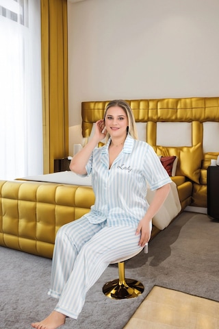 Hrşytrend Herşeytrend Büyük Beden Şık Tasarım Mavi Çizgili Düğmeli Kısa Kol Lüx Saten Pijama Takımı Mavi