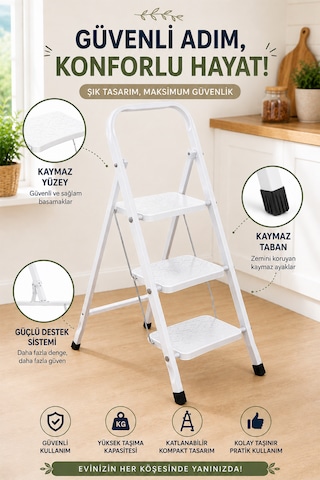 Perilla Class 3 Basamaklı Kaymaz Tabanlı Katlanır Metal Merdiven - Ekstra Güçlü Beyaz 101-150cm Arası