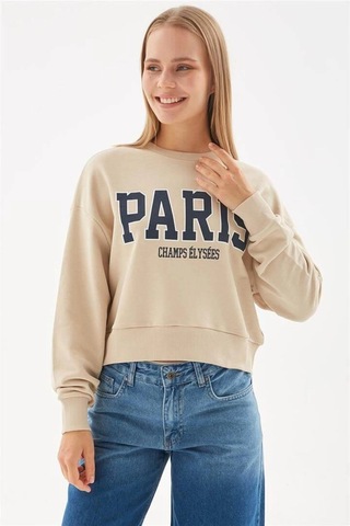 Fashion Frends Fashion Friends Baskılı Crop Sweat Bej Bej / Beige