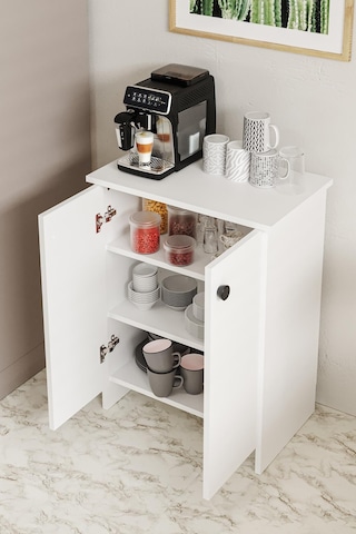 Dorta Mutfak Dolabı 2 Kapaklı 3 Raflı Kahve Köşesi Kiler Dolabı Beyaz Beyaz