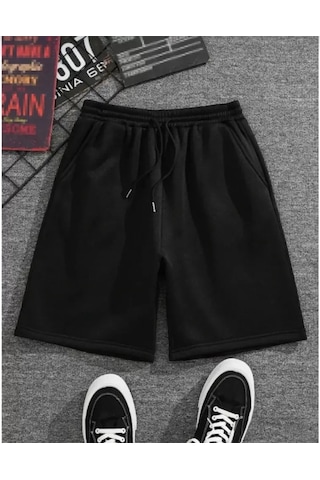 Sinemonline Unisex İki İplik Düz Oversize Şort - Siyah Siyah