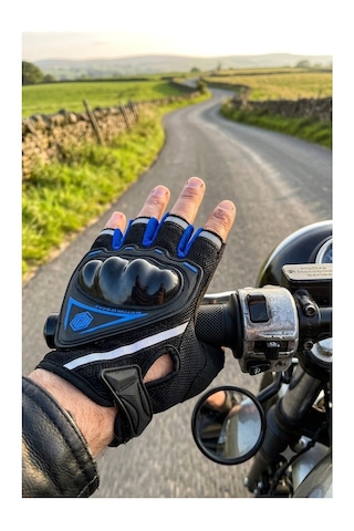 Forestia Mavi Yarım Parmak Motorcu Eldiveni - Taktik Sporcu Reflektörlü Motosiklet Bisiklet Eldiveni
