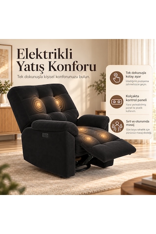 Smarto Relax Porto Masajlı Elektrikli Döner Sallanan Tv Koltuğu Kontrol Panelli Ergonomik Polyester Baba Koltuğu Siyah