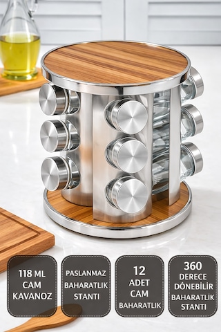Makri Home 12 Li Ahşap Krom Yuvarlak Döner Baharatlık, 360 Paslanmaz Stantlı, 118 Ml Cam Kavanoz, 19 X 23 Cm Ahşap