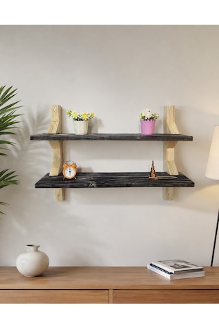 Modern 2 Katlı Ahşap Duvar Rafı Dekoratif Masif Ahşap Kitaplık Ve Duvar Rafı Siyah