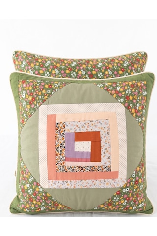Poplin Pamuklu Kırkyama Patchwork Dekoratif Kırlent Kılıfı 45x45 Cm Yeşil - Kırmızı