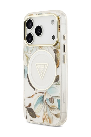 Apple Uyumlu iPhone 17 Pro Kılıf Guess Lisanslı M-safeli Simli Çiçek Desenli Metal Kamera Çerçeveli Kapak Beyaz Beyaz