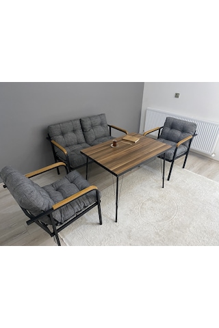 Modern Jüpiter Balkon, Bahçe, Cafe - Metal Kanepe Koltuk Takımı - 2+1+1 + Masa Antrasit Modernsh22 Antrasit