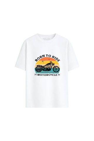 Black Nova Oversize Baskılı Unisex %100 Pamuk T-shirt Born To Ride Beyaz
