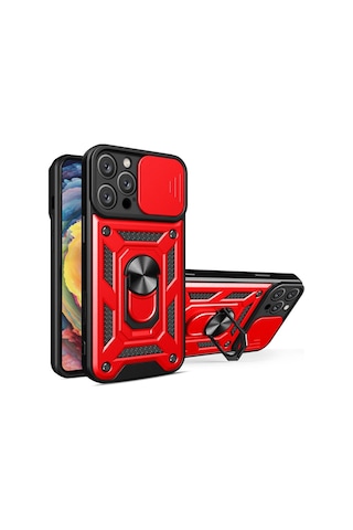 Apple Uyumlu iPhone 16 Pro Max Kılıf Pars Lens Yüzüklü Silikon Kırmızı