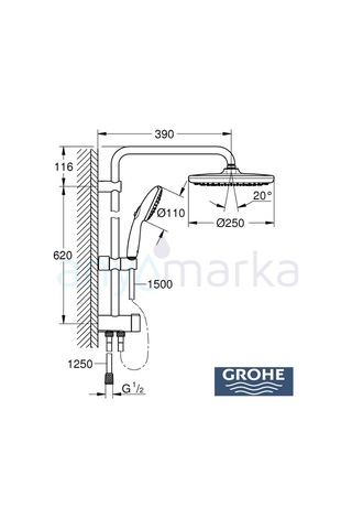 Grohe Tempesta System 250 Duvara Monte Duş Sistemi, Yön Değiştiricili, Mat Siyah - 269802431 Siyah