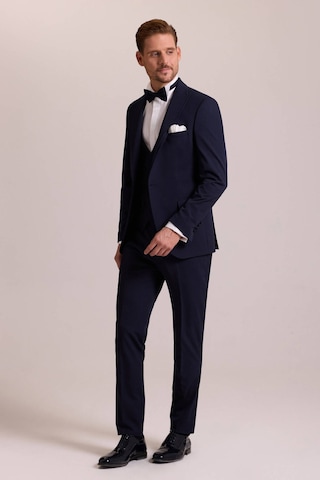 Ysf Erkek Lacivert Slim Fit Likralı Sivri Yaka Yelekli Damatlık