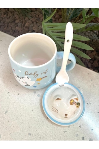 Kawai 3d Kedi Kapaklı Kaşıklı Kupa Bardak Mavi