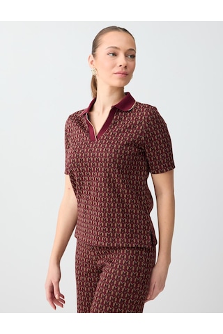 Jimmy Key Jimmy Key Bordo Geometrik Desenli Polo Yaka Kısa Kollu Örme Bluz 6sw036586562