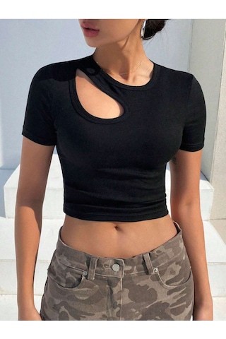 Bisiklet Yaka Asimetrik Stil Siyah Renk Fitilli Kısa Kollu Slim Fit Crop Top Bluz Siyah